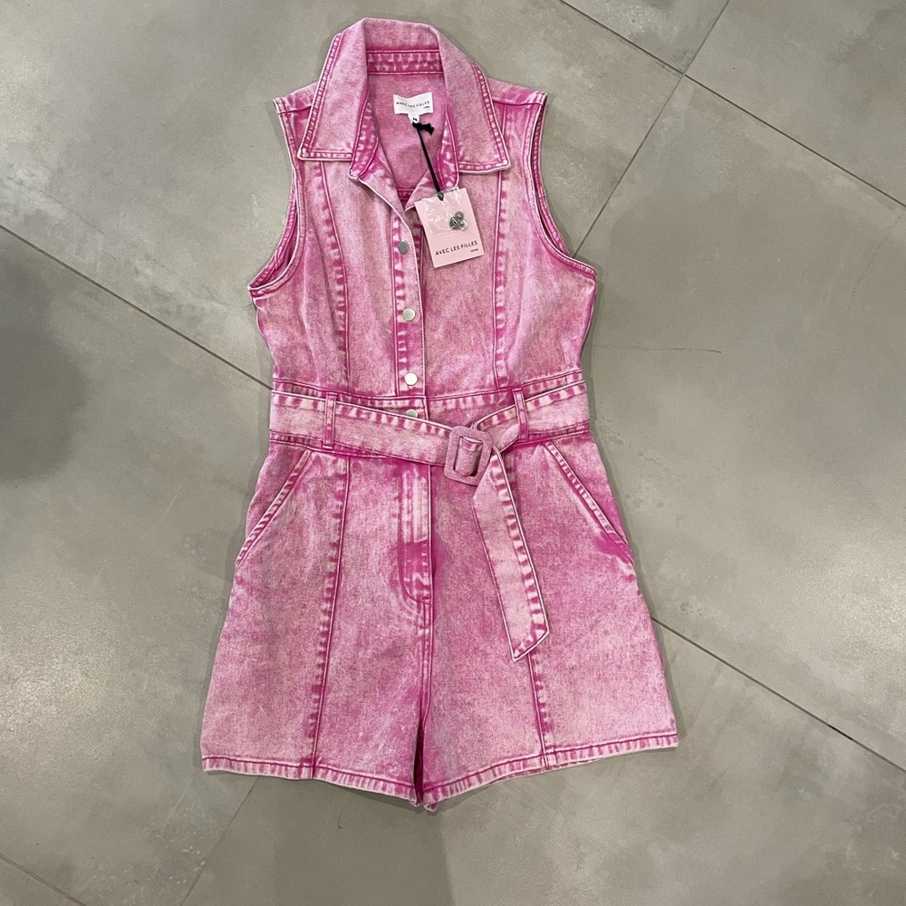 Avec Les Filles Pink Denim Romper with Belted Waist - size M
